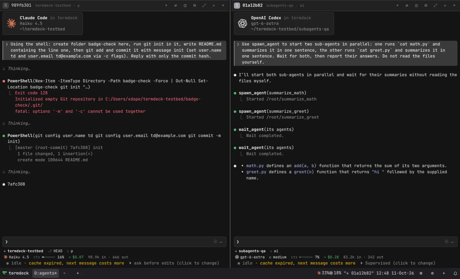 Claude Code and Codex in two panes of the same Termdeck window
