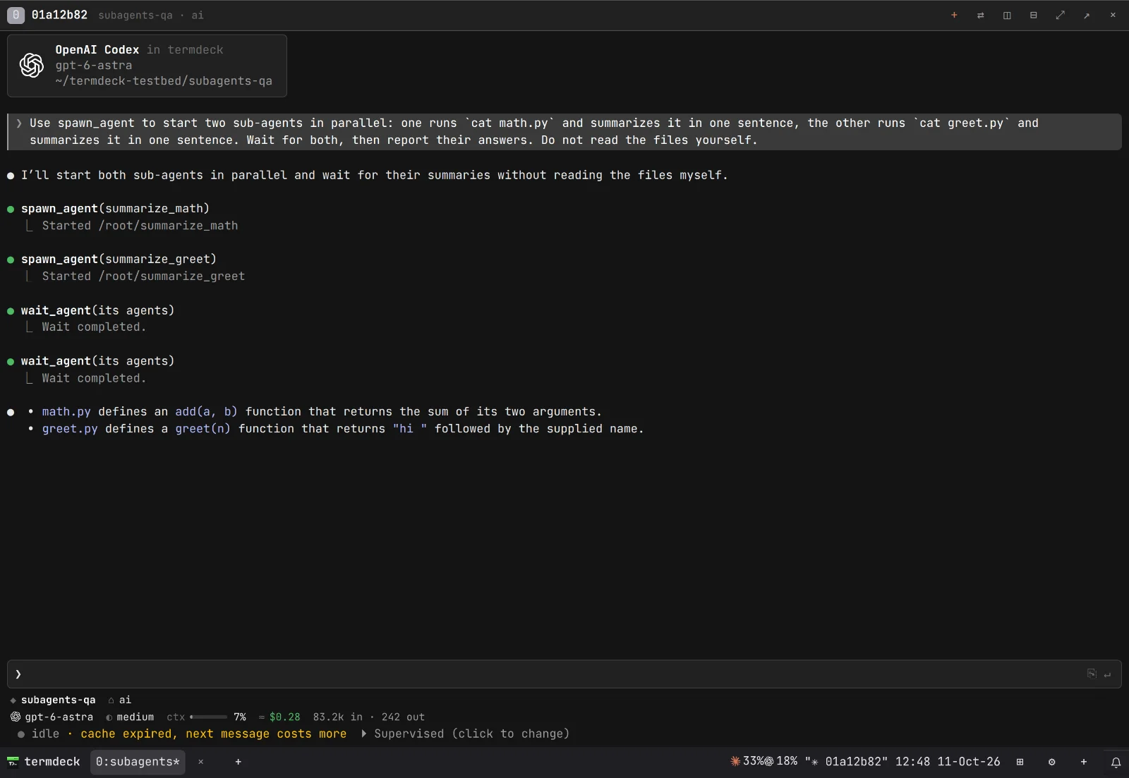 A Codex chat in Termdeck's Terminals page, laid out like the Claude Code CLI