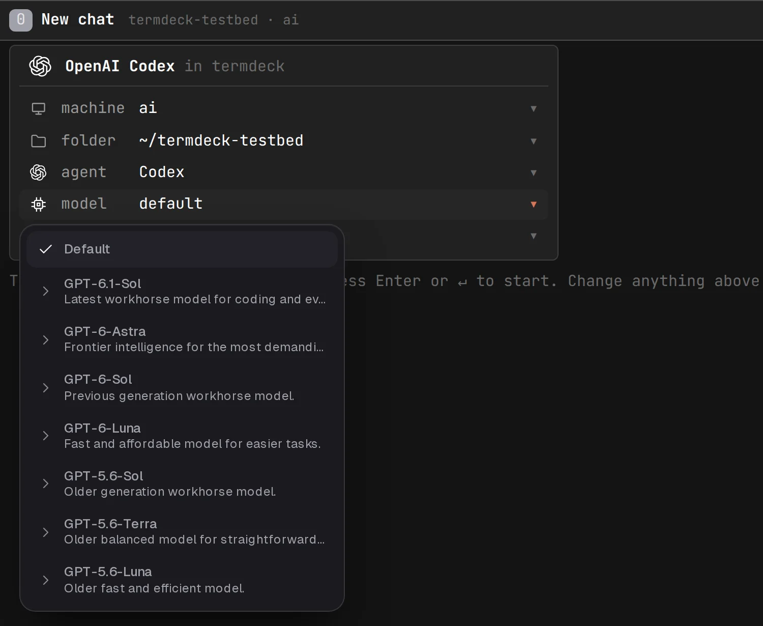 The new pane card on Termdeck's Terminals page with Codex picked and the model list open
