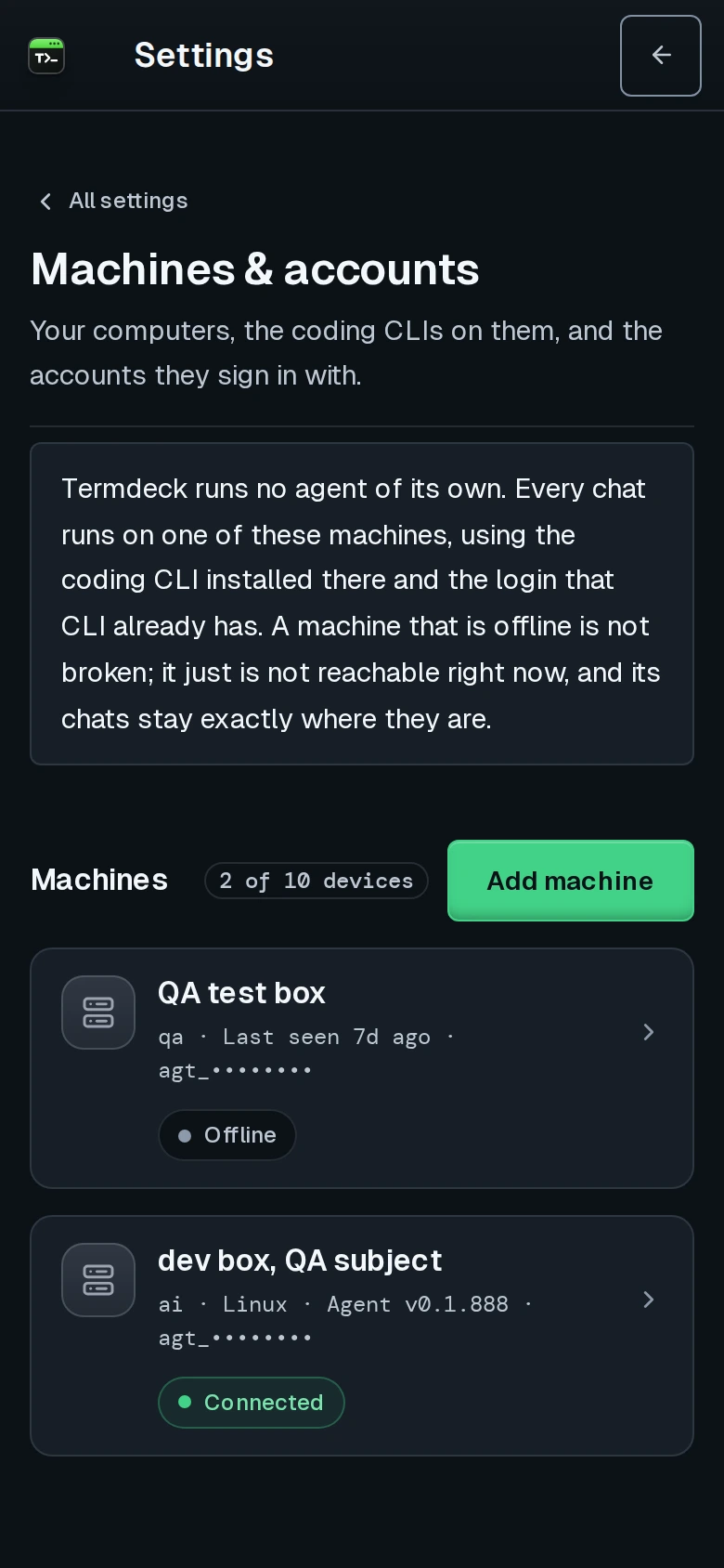 Termdeck Settings, Machines & accounts, on a phone: two machine cards, one offline and one connected, with an Add machine button